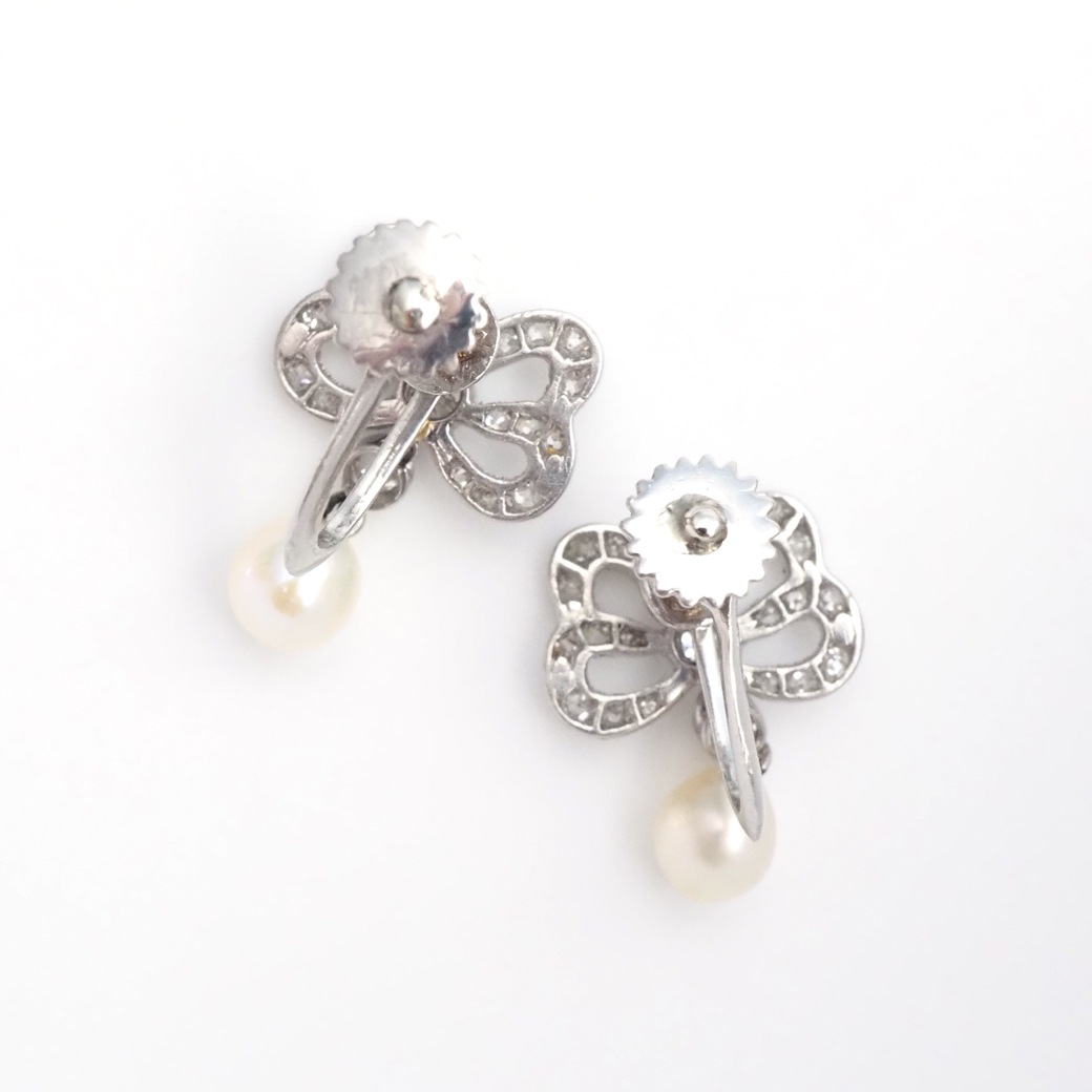 アンティークジュエリー イヤリング&ピアス パール ダイヤモンド リボンモチーフ イヤリング