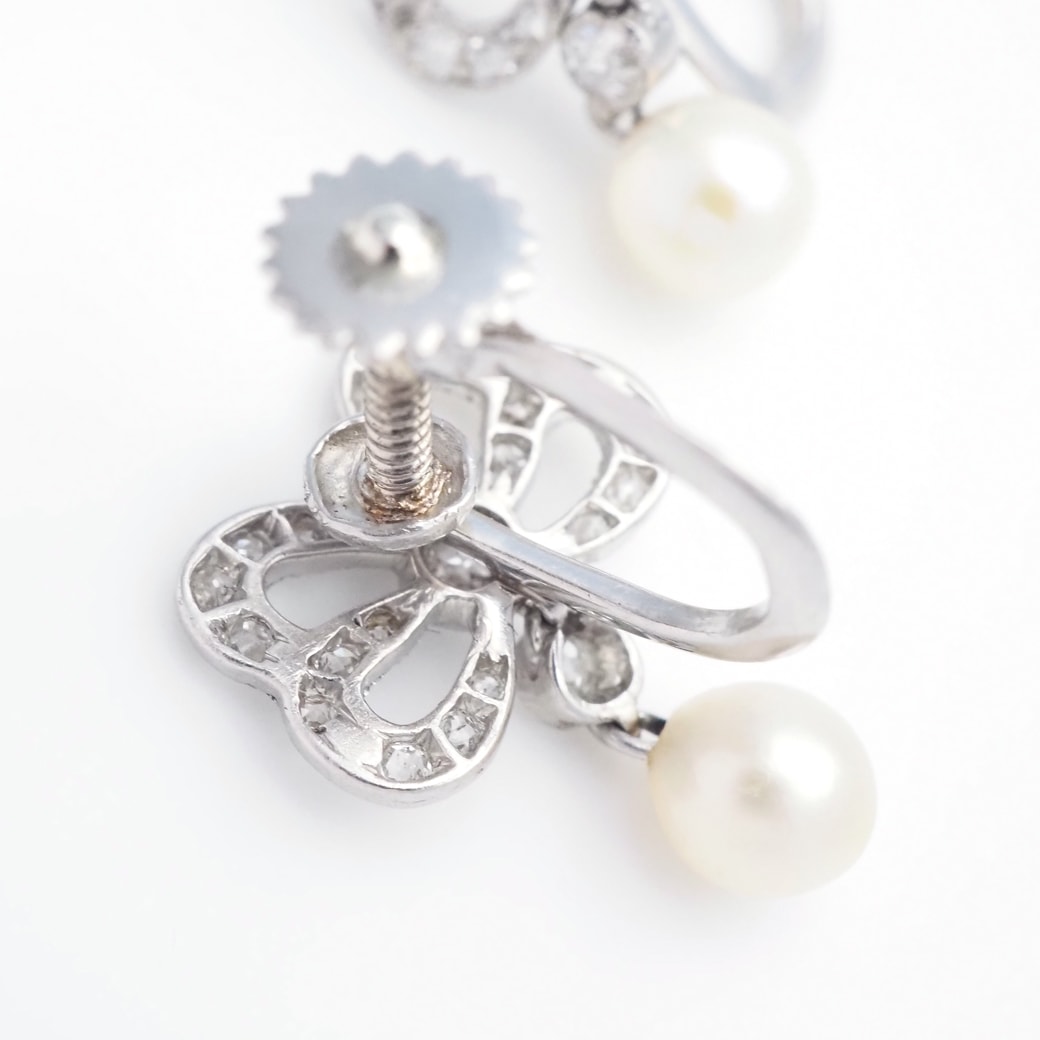 アンティークジュエリー イヤリング&ピアス パール ダイヤモンド リボンモチーフ イヤリング