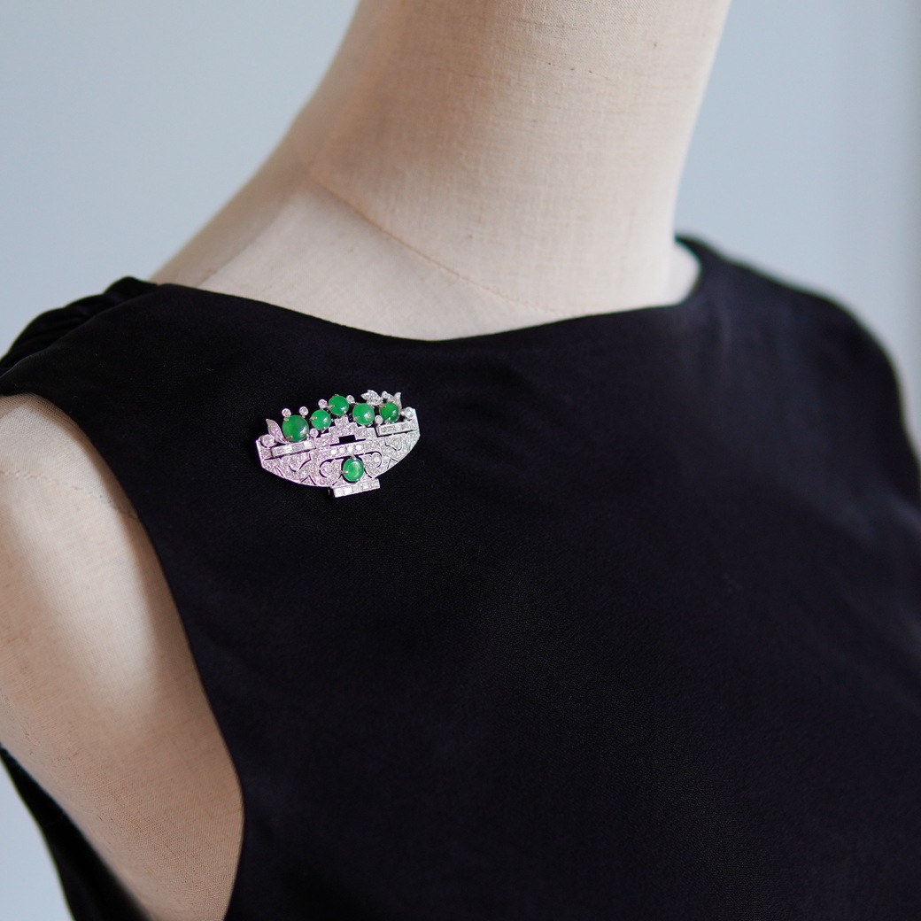 アンティークジュエリー ブローチ 翡翠 ダイヤモンド ヴィンテージブローチ