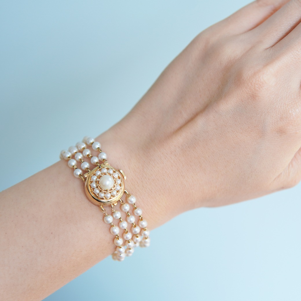 アンティークウォッチ ルシアンピカール パール装飾 ラウンドケース カバーウォッチ パールブレスレット