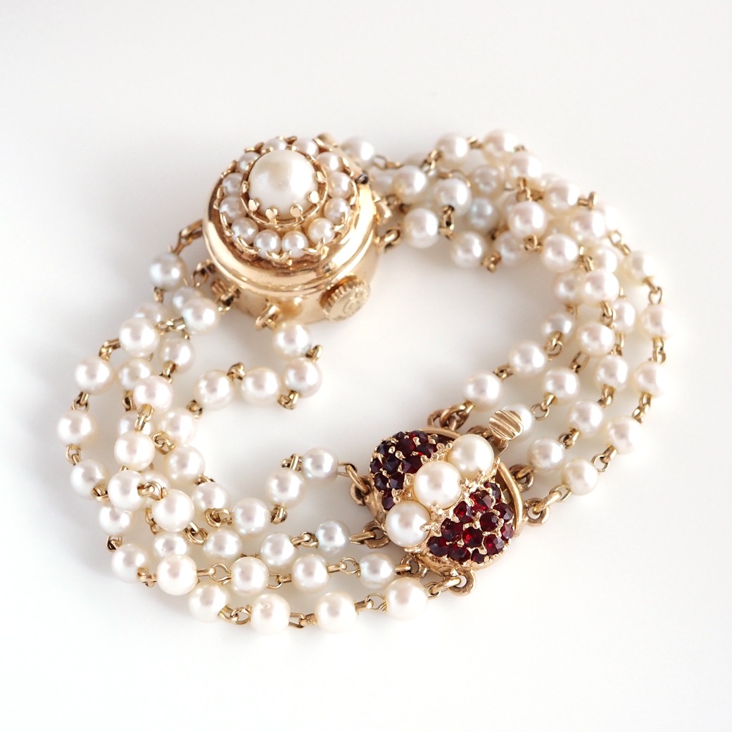 アンティークウォッチ ルシアンピカール パール装飾 ラウンドケース カバーウォッチ パールブレスレット