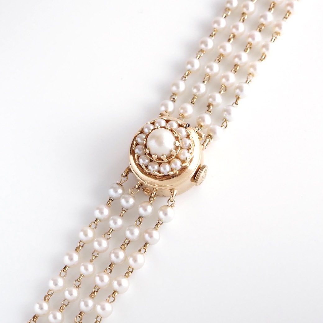 アンティークウォッチ ルシアンピカール パール装飾 ラウンドケース カバーウォッチ パールブレスレット