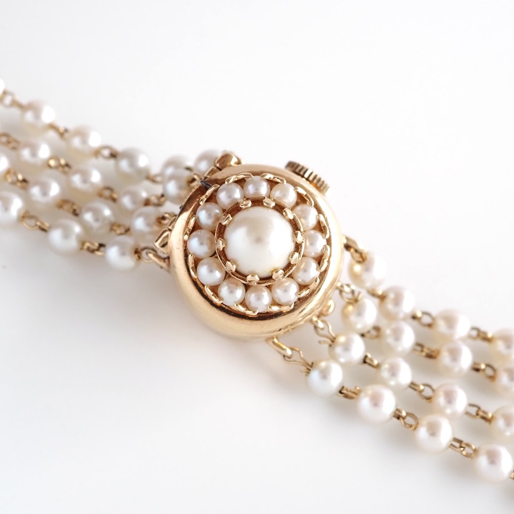 アンティークウォッチ ルシアンピカール パール装飾 ラウンドケース カバーウォッチ パールブレスレット