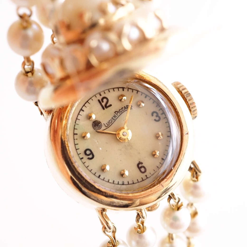 アンティークウォッチ ルシアンピカール パール装飾 ラウンドケース カバーウォッチ パールブレスレット