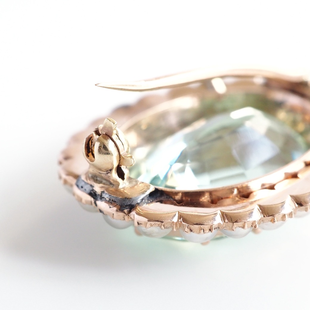 アンティーク 9ctゴールド製ブローチ グリーンストーン＆パール アンティーク ハーフパール ターコイズ 9ctゴールド ブローチ