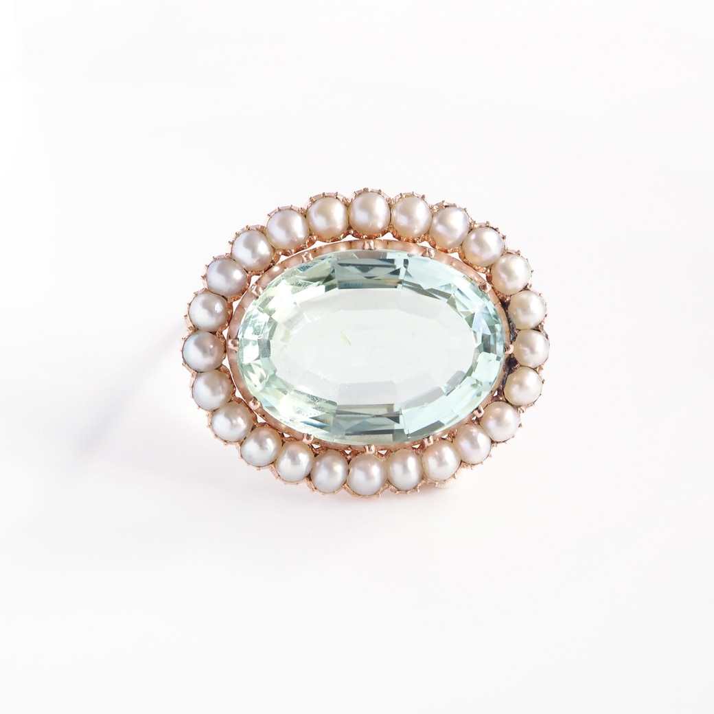 アンティーク 9ctゴールド製ブローチ グリーンストーン＆パール アンティーク 9ctゴールド製ブローチ グリーンストーン＆パール