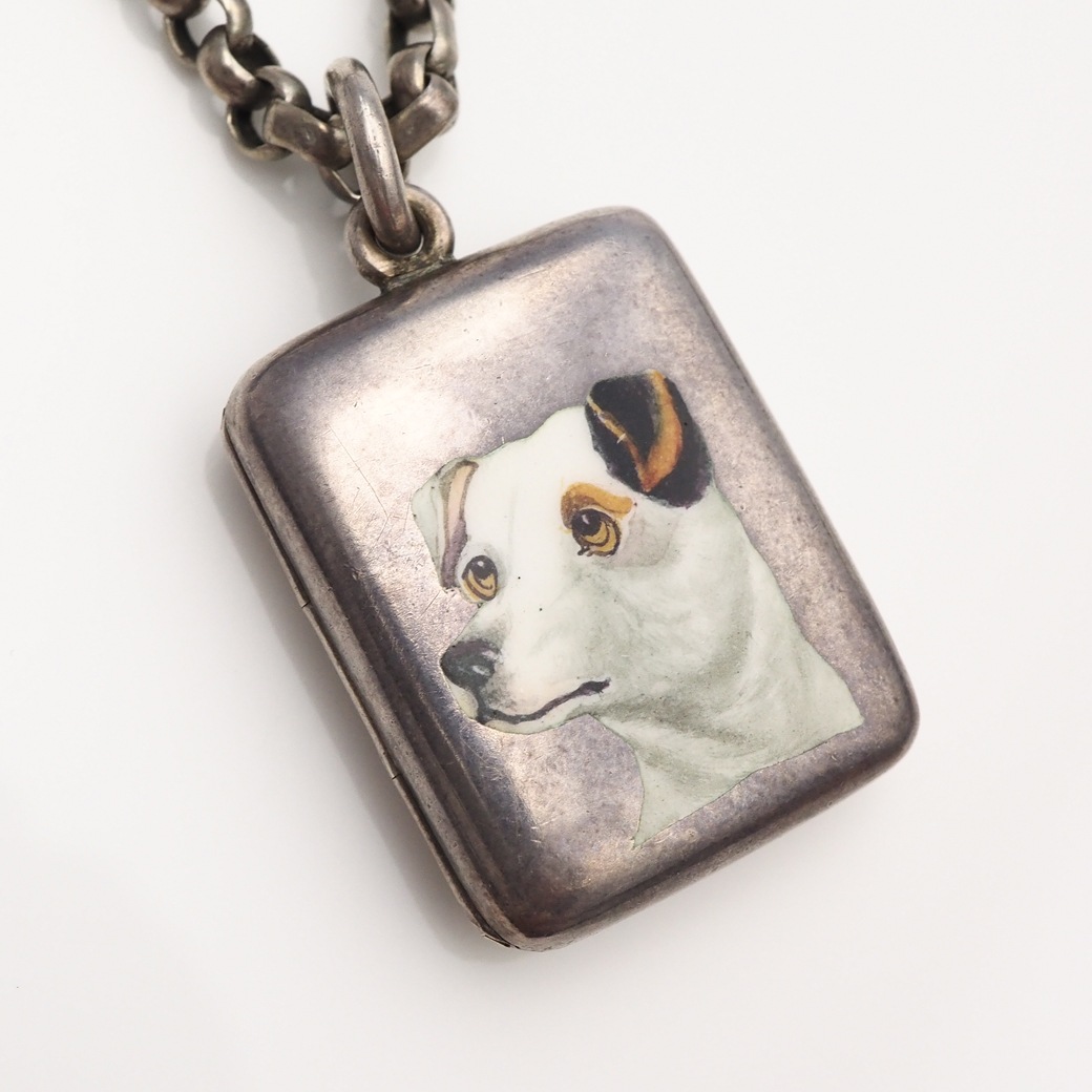 アンティークジュエリー ネックレス エナメル画 テリア シルバー ロケット ネックレス