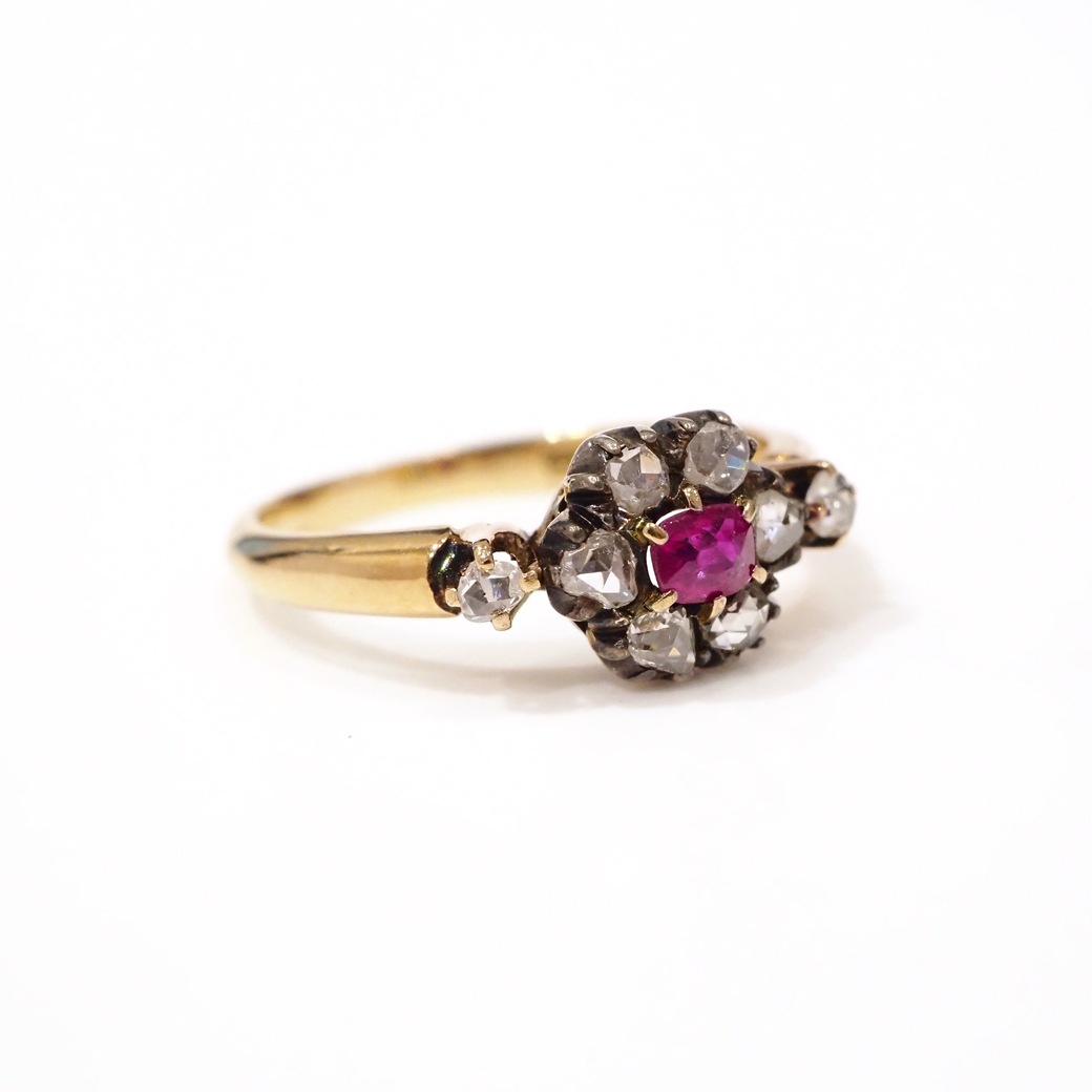 アンティークジュエリー リング ルビー ダイヤモンド クラスターリング