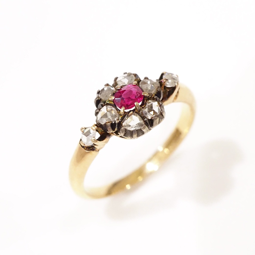 アンティークジュエリー リング ルビー ダイヤモンド クラスターリング