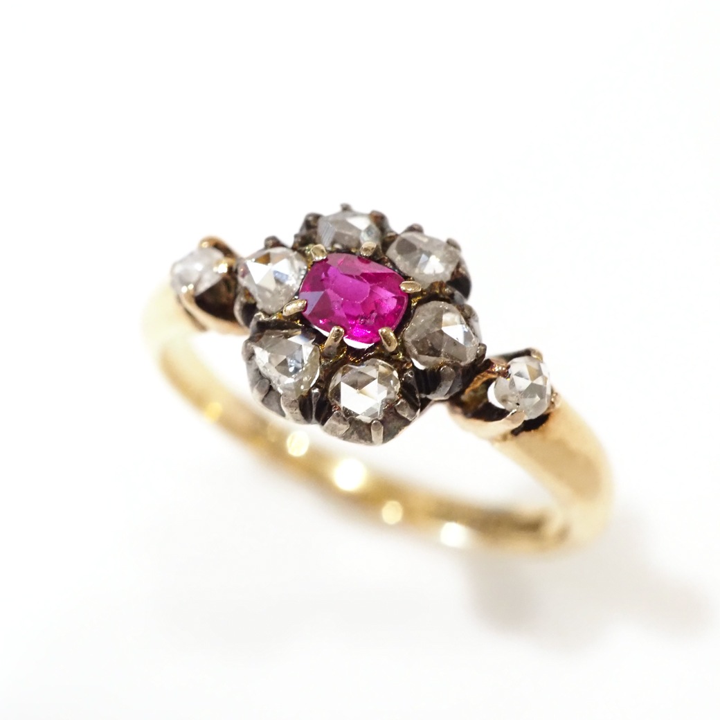 アンティークジュエリー リング ルビー ダイヤモンド クラスターリング