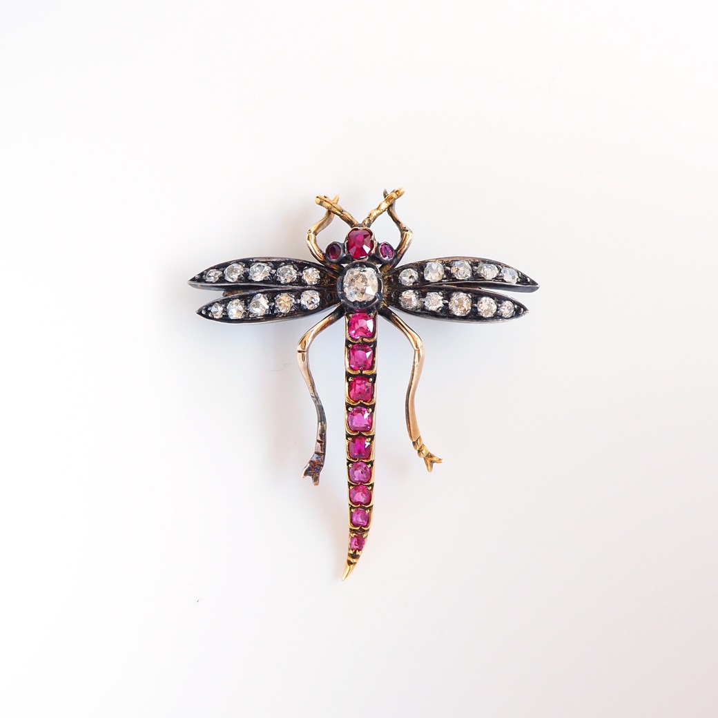 アンティークジュエリー ブローチ ルビー ダイヤモンド とんぼ アンティークブローチ