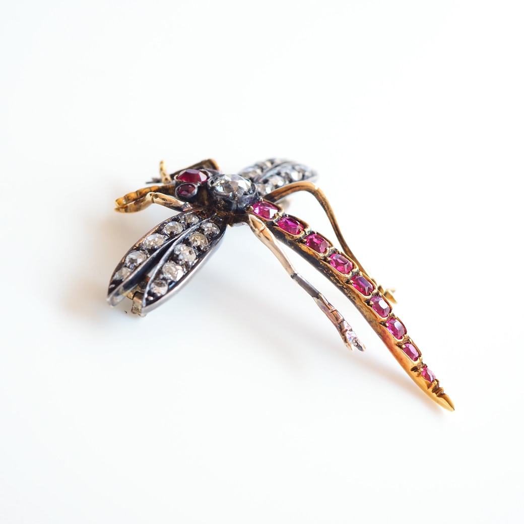 アンティークジュエリー ブローチ ルビー ダイヤモンド とんぼ アンティークブローチ