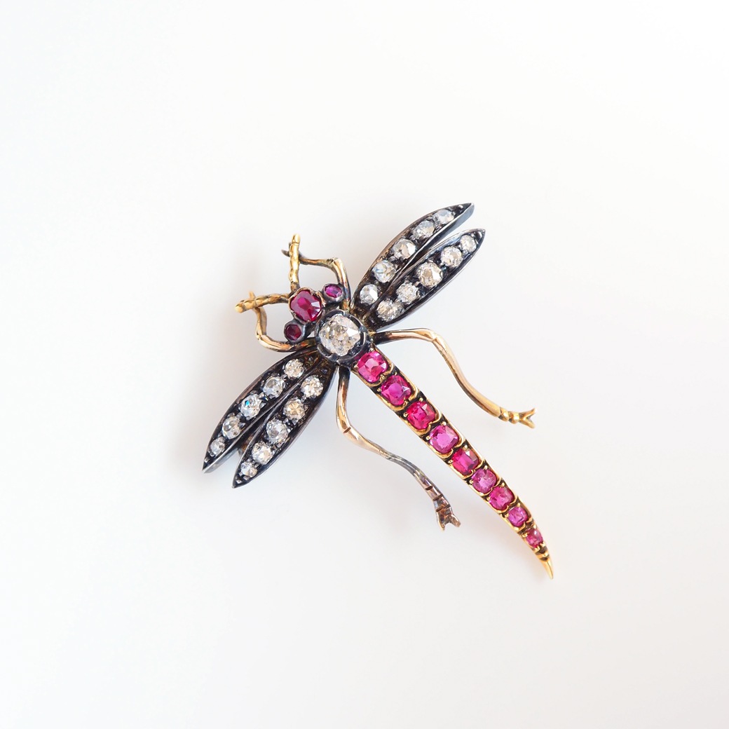 アンティークジュエリー ブローチ ルビー ダイヤモンド とんぼ アンティークブローチ