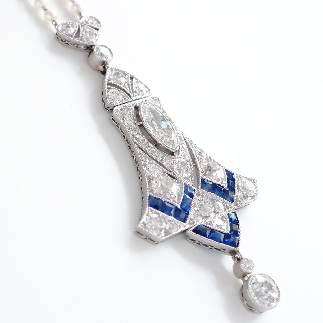 アンティークジュエリー ネックレス アール・デコ ダイヤモンド サファイア パールチェーン アンティークネックレス