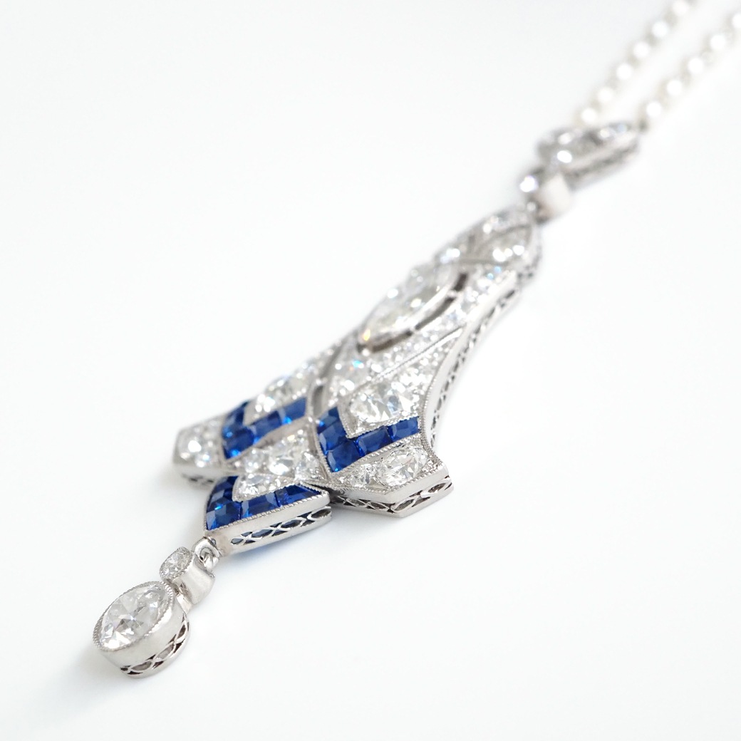 アンティークジュエリー ネックレス アール・デコ ダイヤモンド サファイア パールチェーン アンティークネックレス