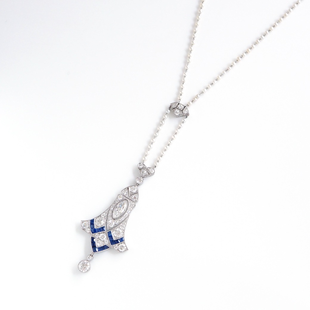 アンティークジュエリー ネックレス アール・デコ ダイヤモンド サファイア パールチェーン アンティークネックレス