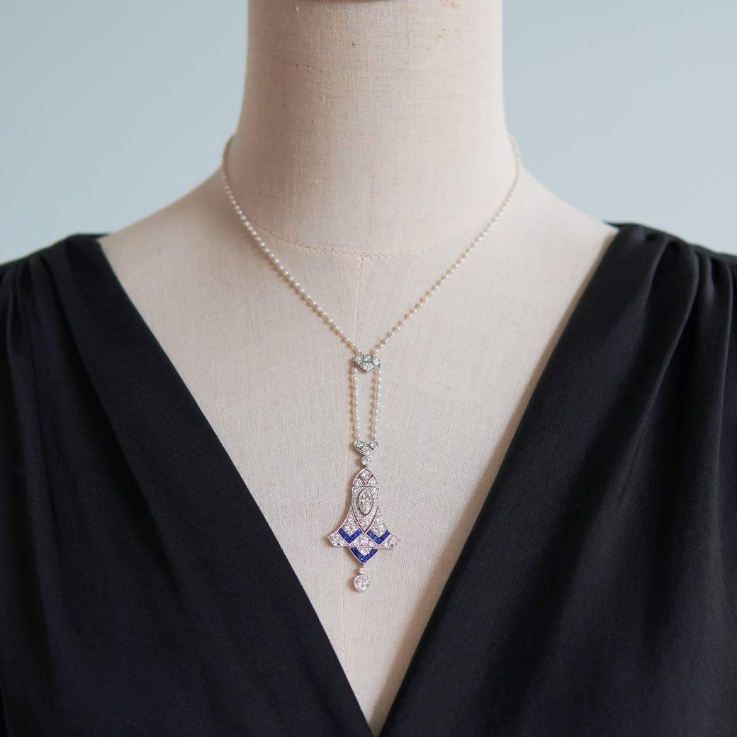 アンティークジュエリー ネックレス アール・デコ ダイヤモンド サファイア パールチェーン アンティークネックレス