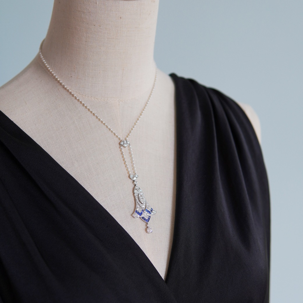 アンティークジュエリー ネックレス アール・デコ ダイヤモンド サファイア パールチェーン アンティークネックレス