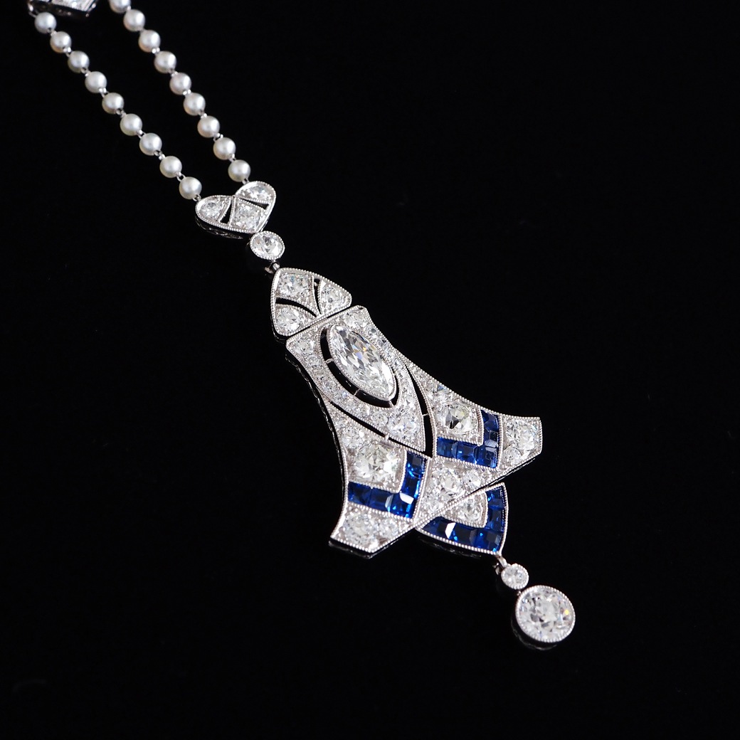 アンティークジュエリー ネックレス アール・デコ ダイヤモンド サファイア パールチェーン アンティークネックレス