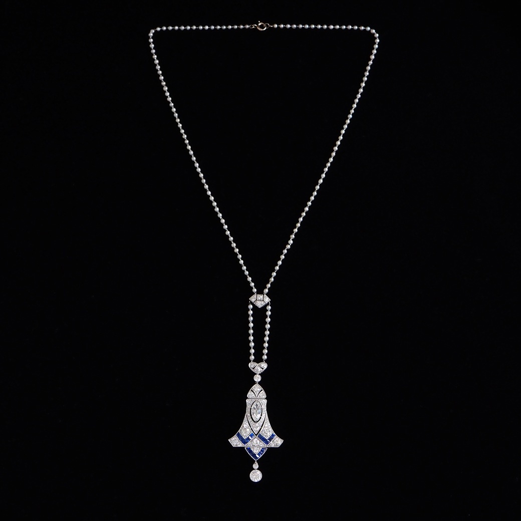 アンティークジュエリー ネックレス アール・デコ ダイヤモンド サファイア パールチェーン アンティークネックレス