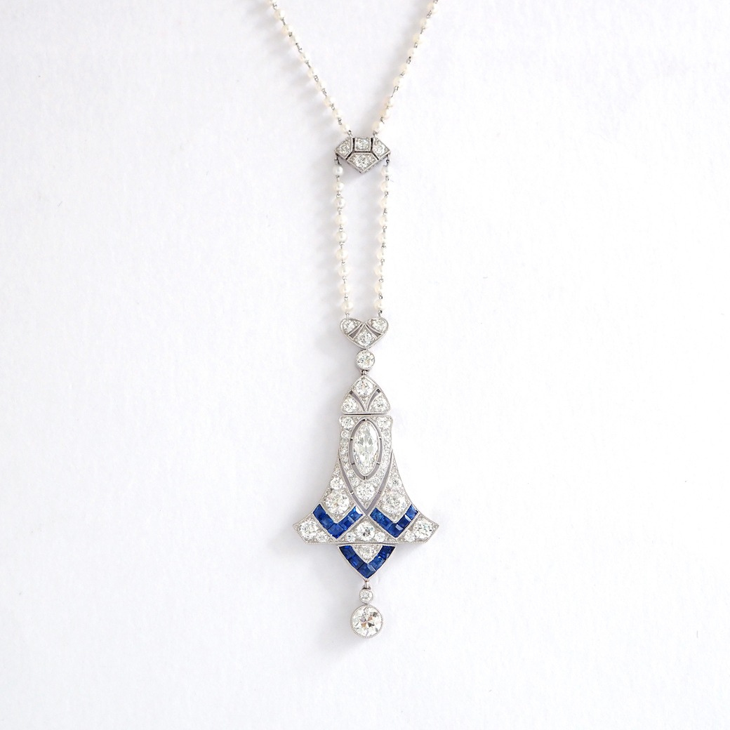 アンティークジュエリー ネックレス アール・デコ ダイヤモンド サファイア パールチェーン アンティークネックレス