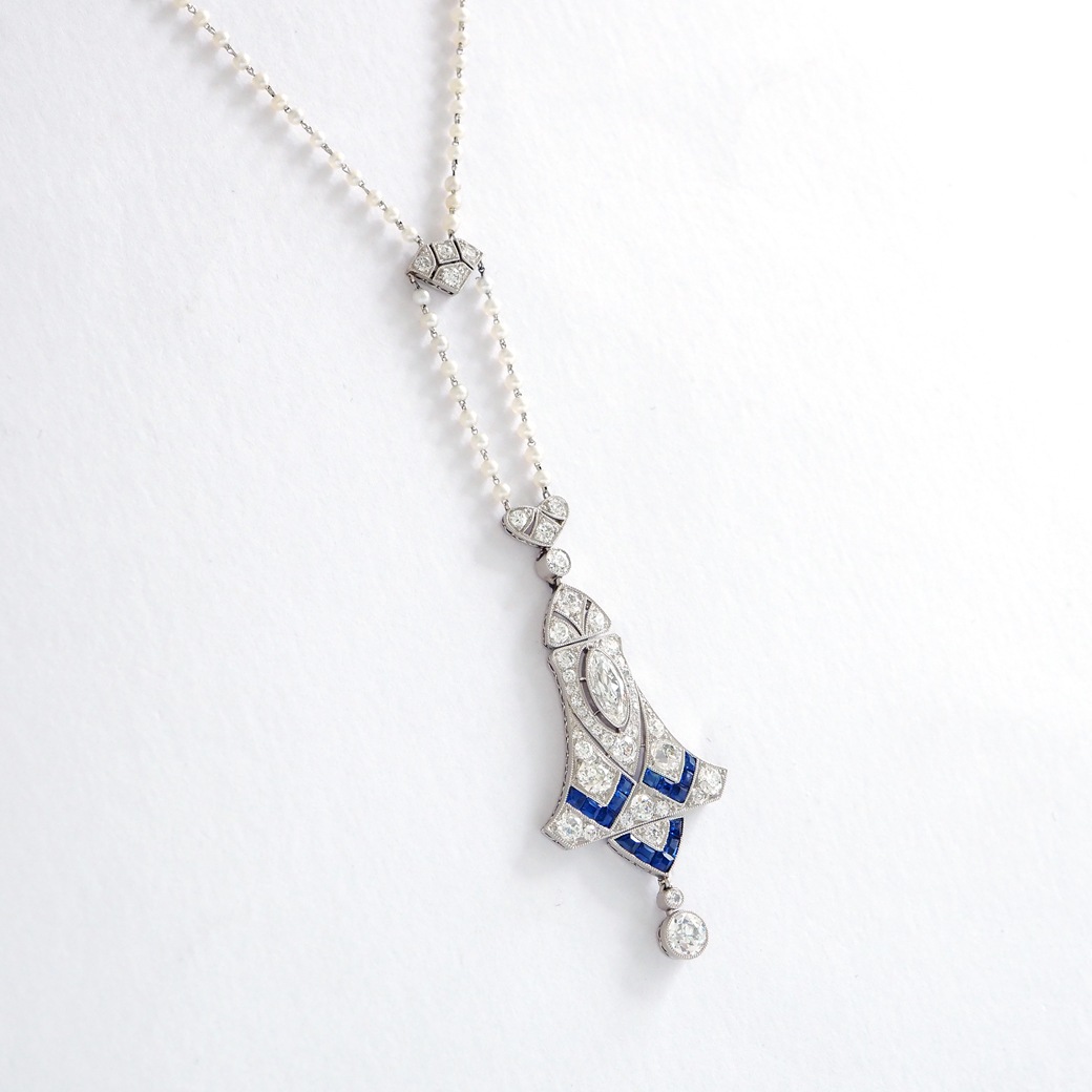 アンティークジュエリー ネックレス アール・デコ ダイヤモンド サファイア パールチェーン アンティークネックレス