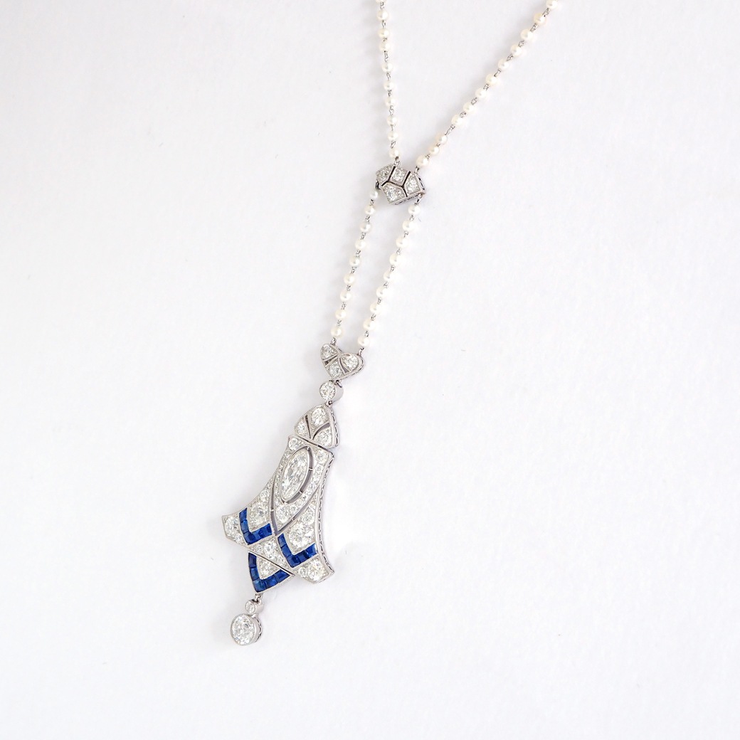 アンティークジュエリー ネックレス アール・デコ ダイヤモンド サファイア パールチェーン アンティークネックレス