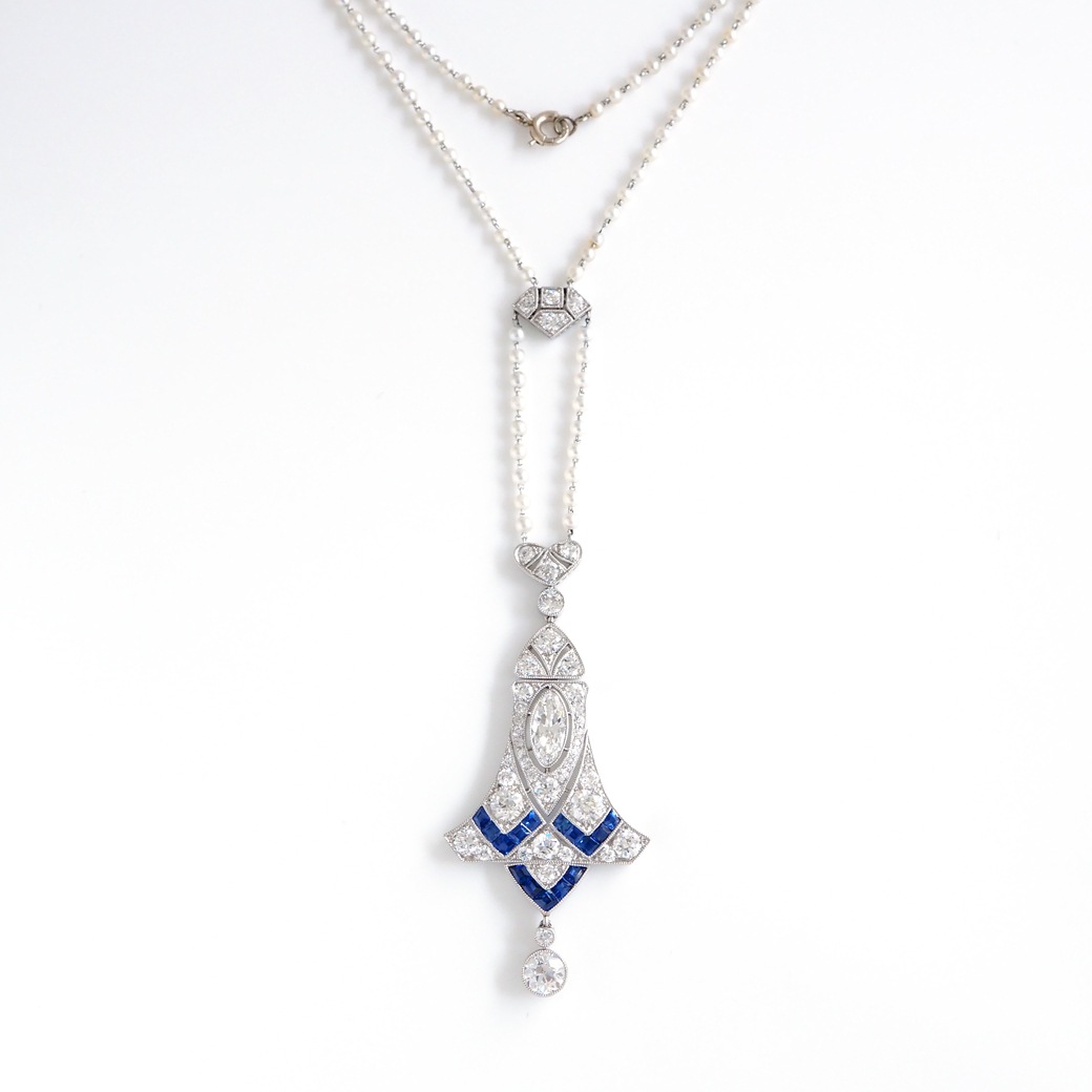 アンティークジュエリー ネックレス アール・デコ ダイヤモンド サファイア パールチェーン アンティークネックレス