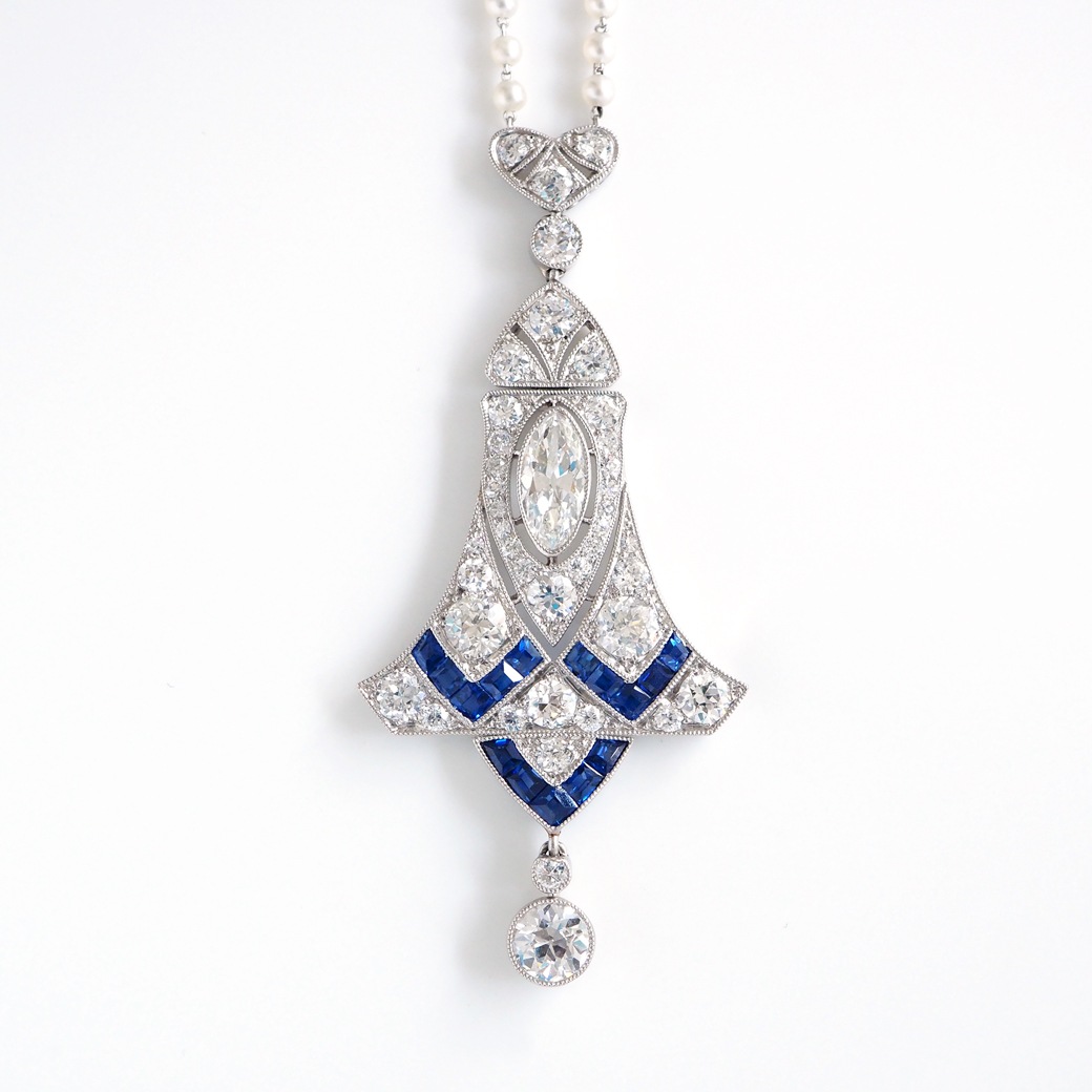 アンティークジュエリー ネックレス アール・デコ ダイヤモンド サファイア パールチェーン アンティークネックレス