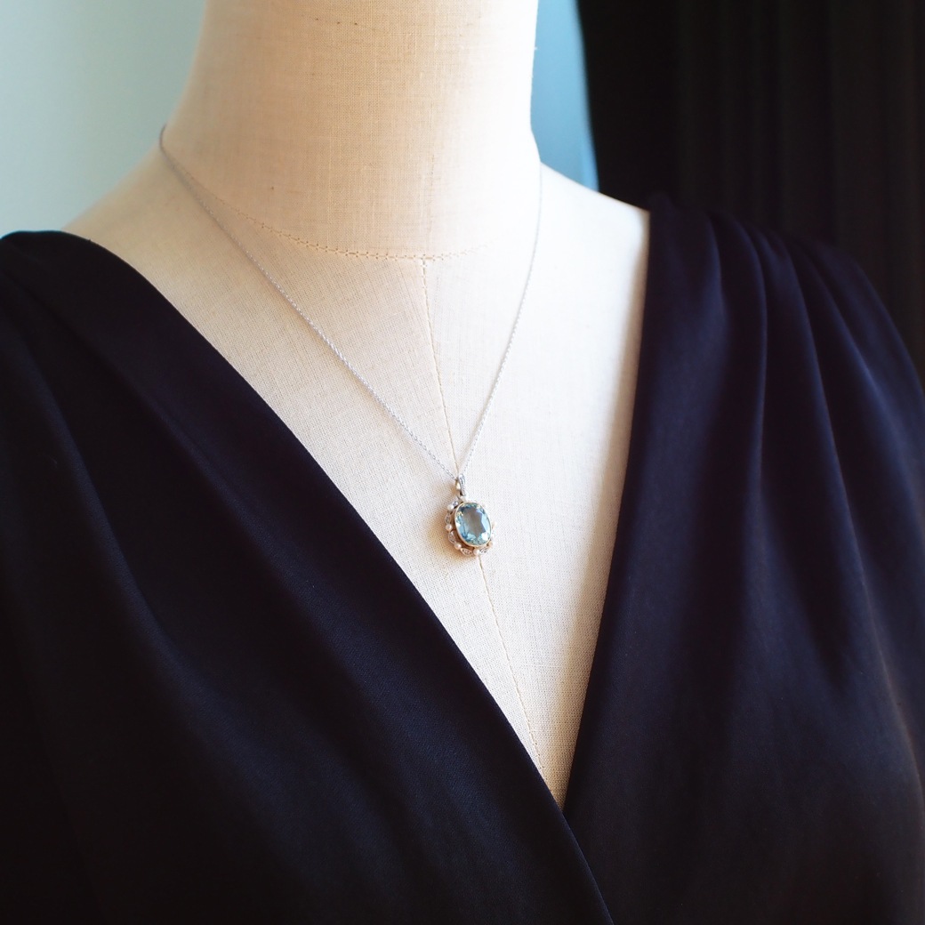 アンティークジュエリー ネックレス アクアマリン パール ダイヤモンド アンティークペンダント