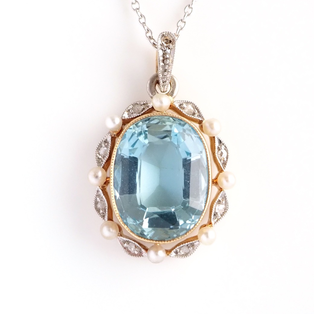 アンティークジュエリー ネックレス アクアマリン パール ダイヤモンド アンティークペンダント