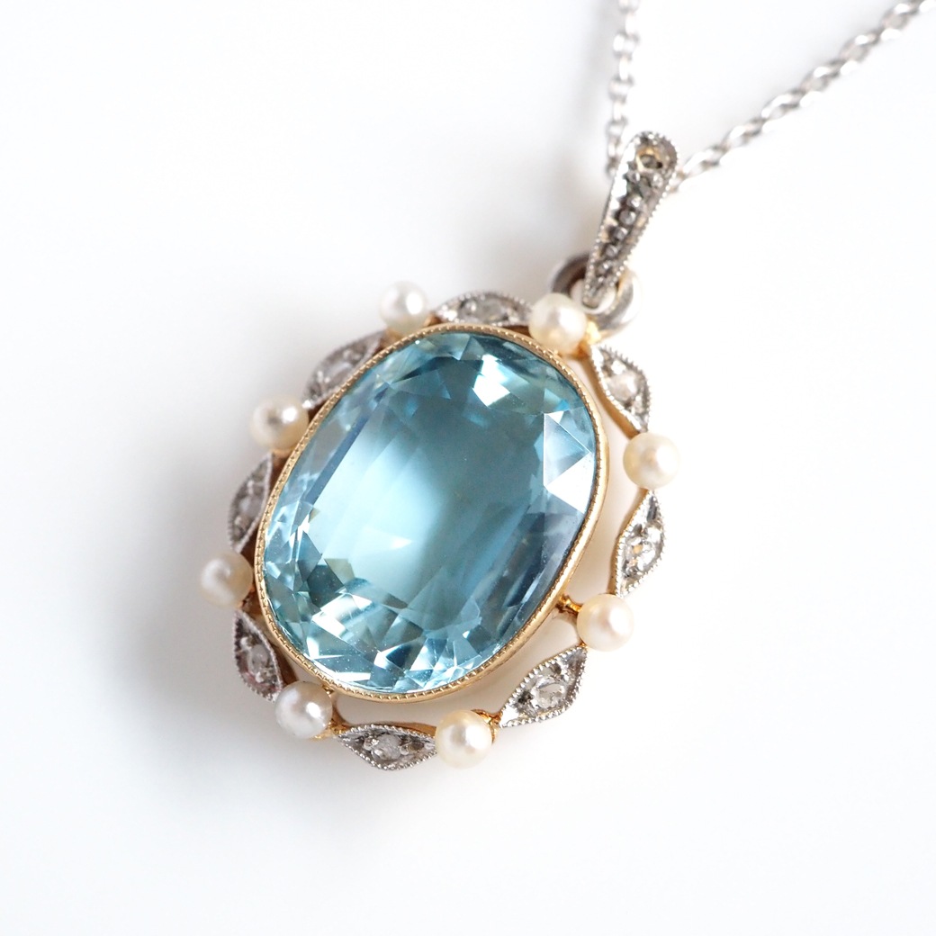 アンティークジュエリー ネックレス アクアマリン パール ダイヤモンド アンティークペンダント