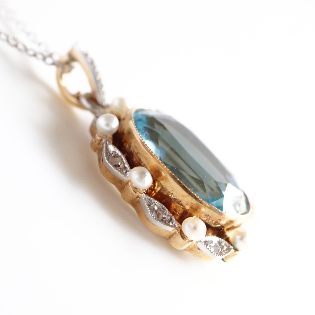 アンティークジュエリー ネックレス アクアマリン パール ダイヤモンド アンティークペンダント