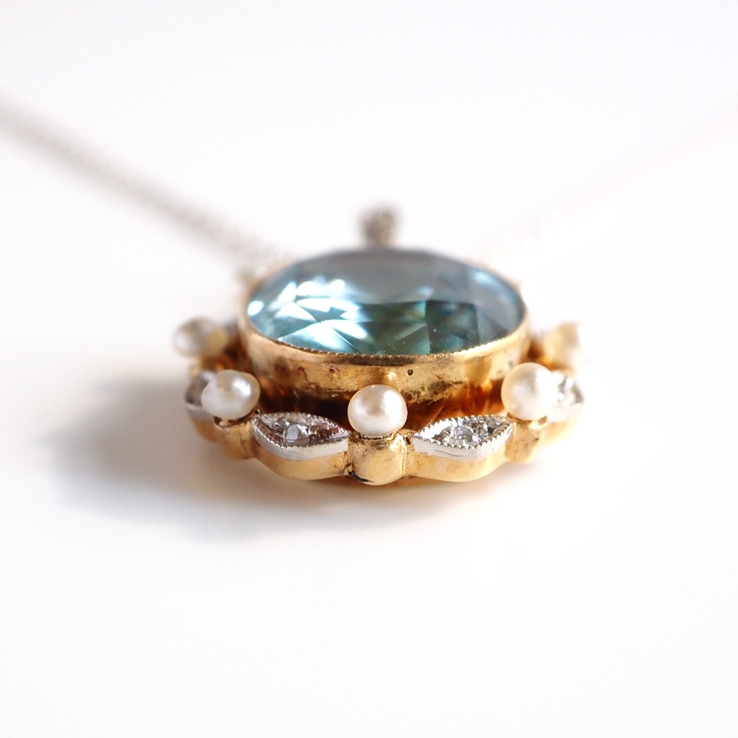 アンティークジュエリー ネックレス アクアマリン パール ダイヤモンド アンティークペンダント