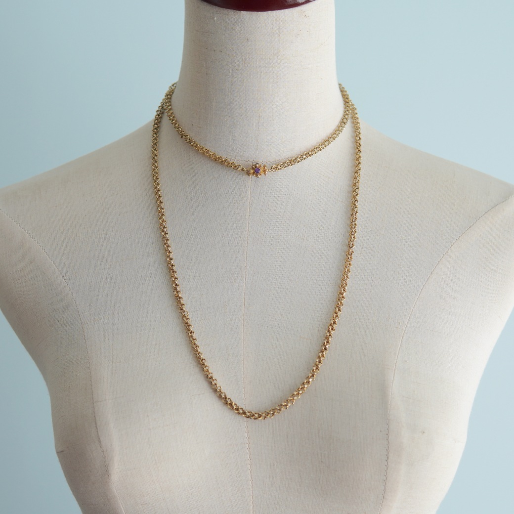 アンティークジュエリー ネックレス アメシストクラスプ ゴールド ロングチェーン アンティークネックレス