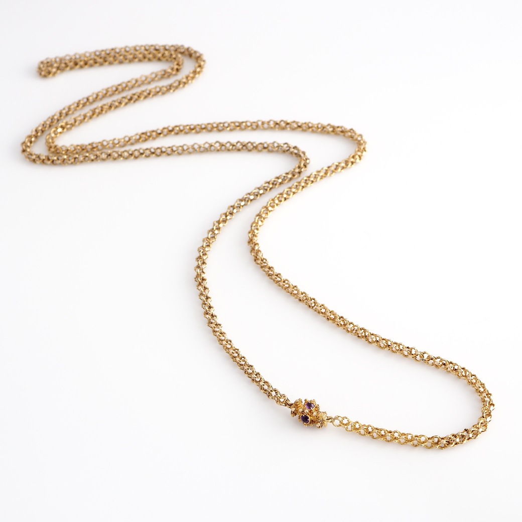 アンティークジュエリー ネックレス アメシストクラスプ ゴールド ロングチェーン アンティークネックレス