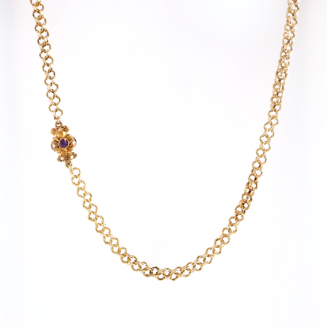 アンティークジュエリー ネックレス アメシストクラスプ ゴールド ロングチェーン アンティークネックレス