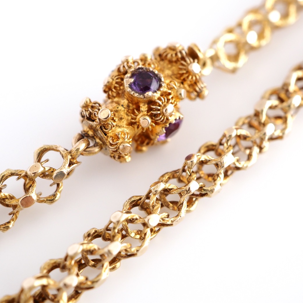 アンティークジュエリー ネックレス アメシストクラスプ ゴールド ロングチェーン アンティークネックレス