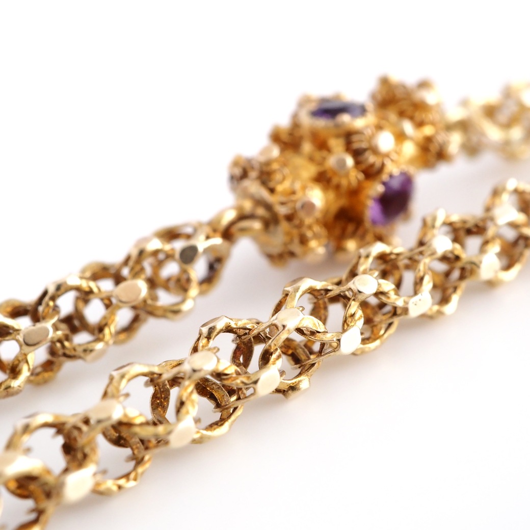 アンティークジュエリー ネックレス アメシストクラスプ ゴールド ロングチェーン アンティークネックレス