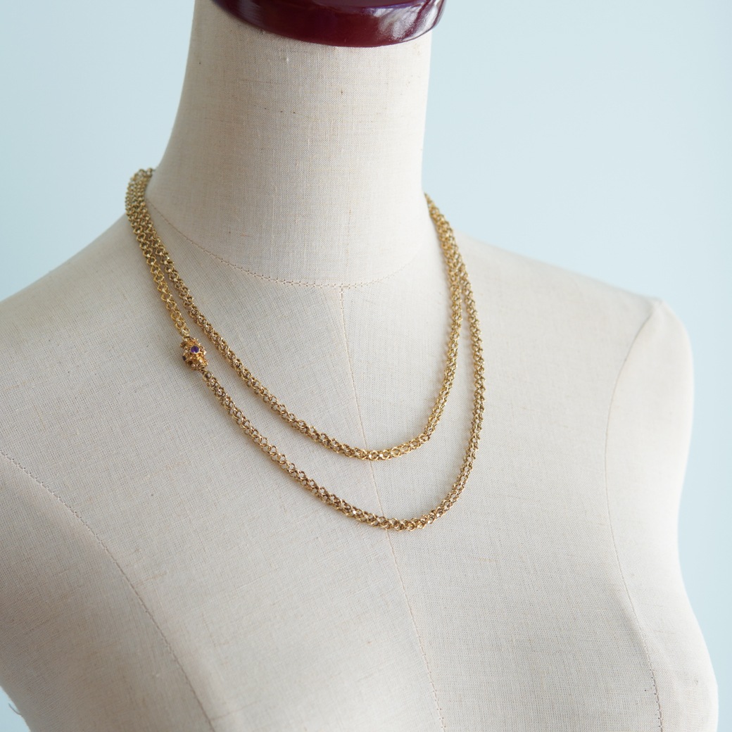 アンティークジュエリー ネックレス アメシストクラスプ ゴールド ロングチェーン アンティークネックレス