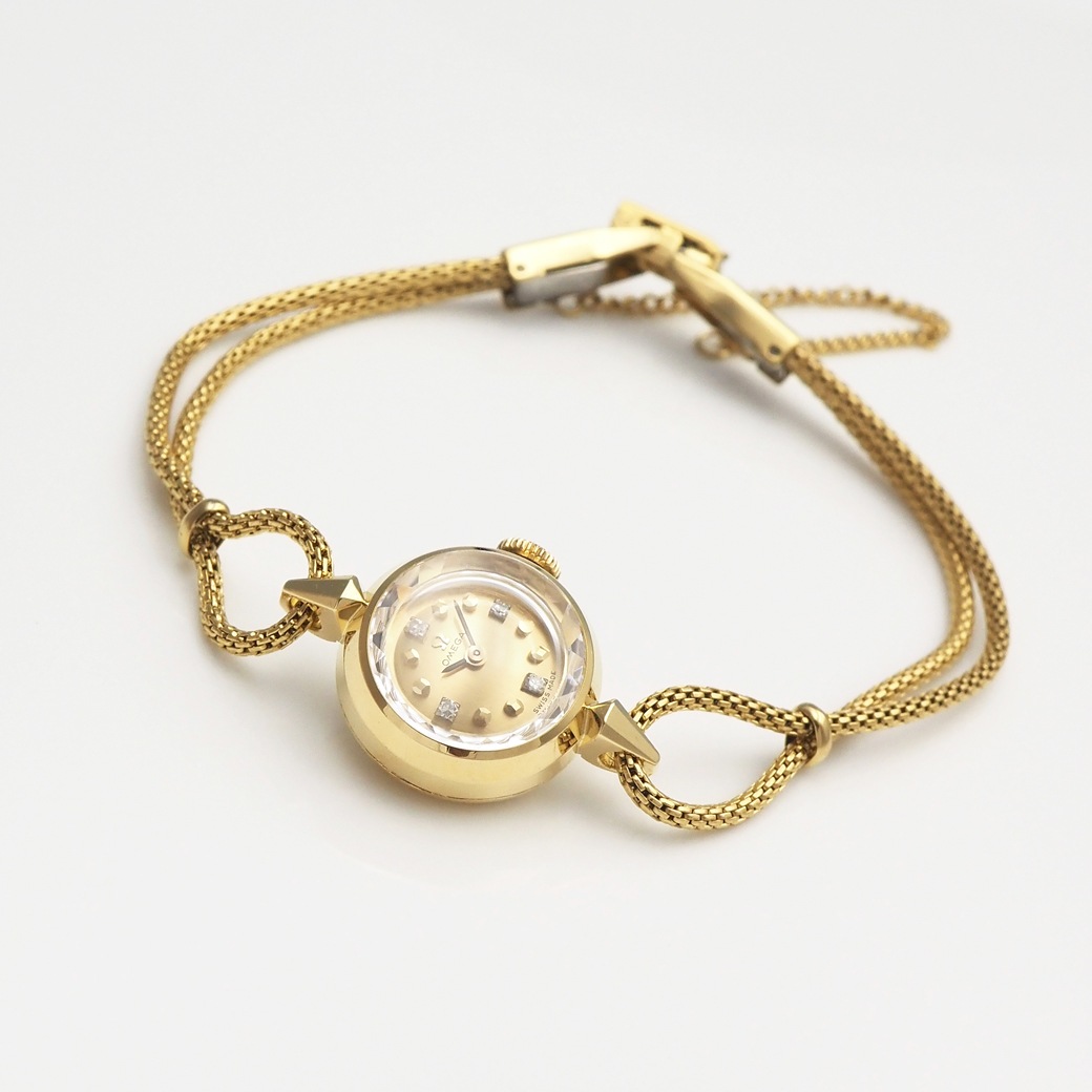 オメガ ゴールド ダイヤ付カットガラス 14k無垢ケース手巻時計 稼働品 アンティークウォッチ アンティークオメガ ダイヤモンドインデックス