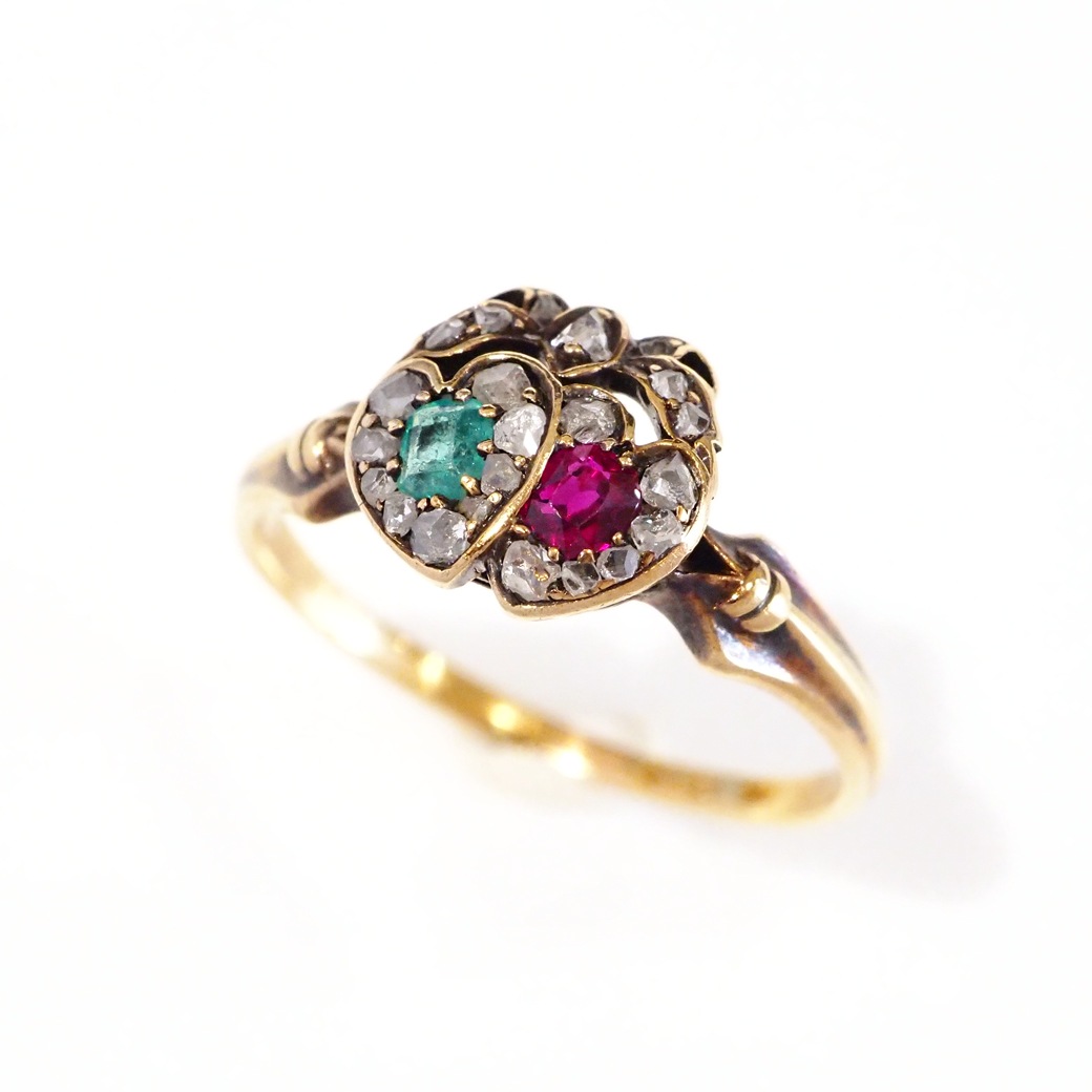 アンティークジュエリー アンティークリング ルビー エメラルド ダブルハート アンティークリング