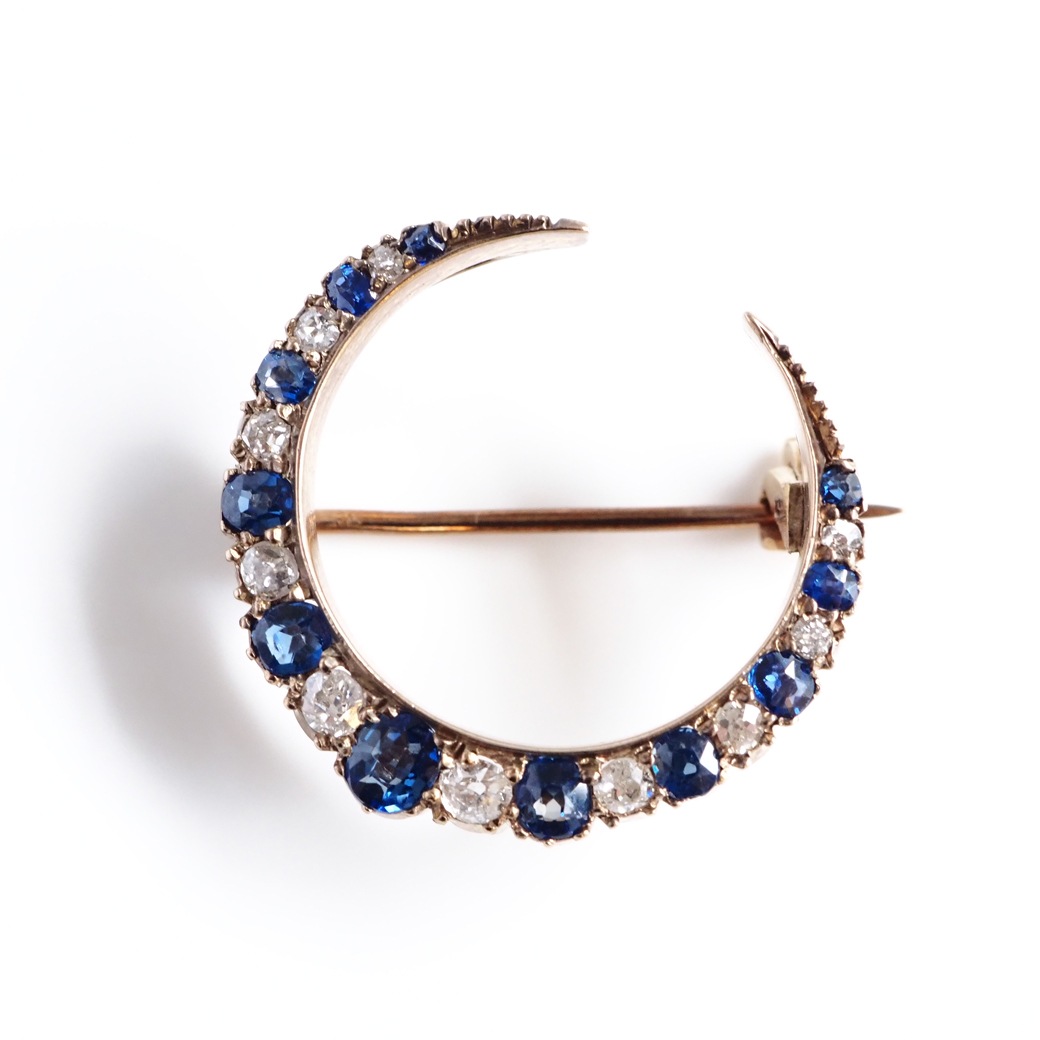 アンティークジュエリー ブローチ サファイア ダイヤモンド クレセント アンティークブローチ