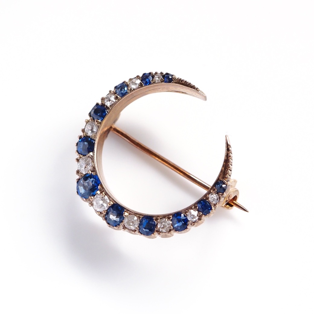 アンティークジュエリー ブローチ サファイア ダイヤモンド クレセント アンティークブローチ