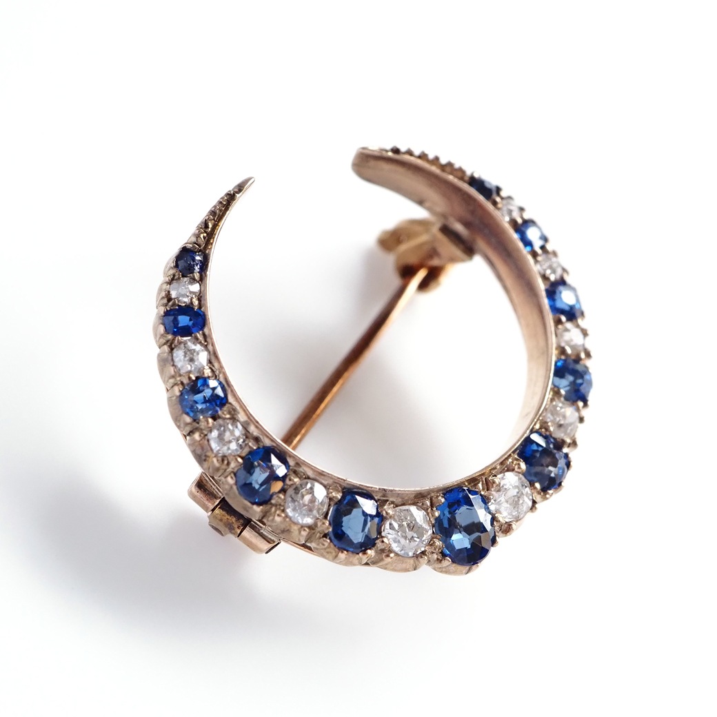 アンティークジュエリー ブローチ サファイア ダイヤモンド クレセント アンティークブローチ