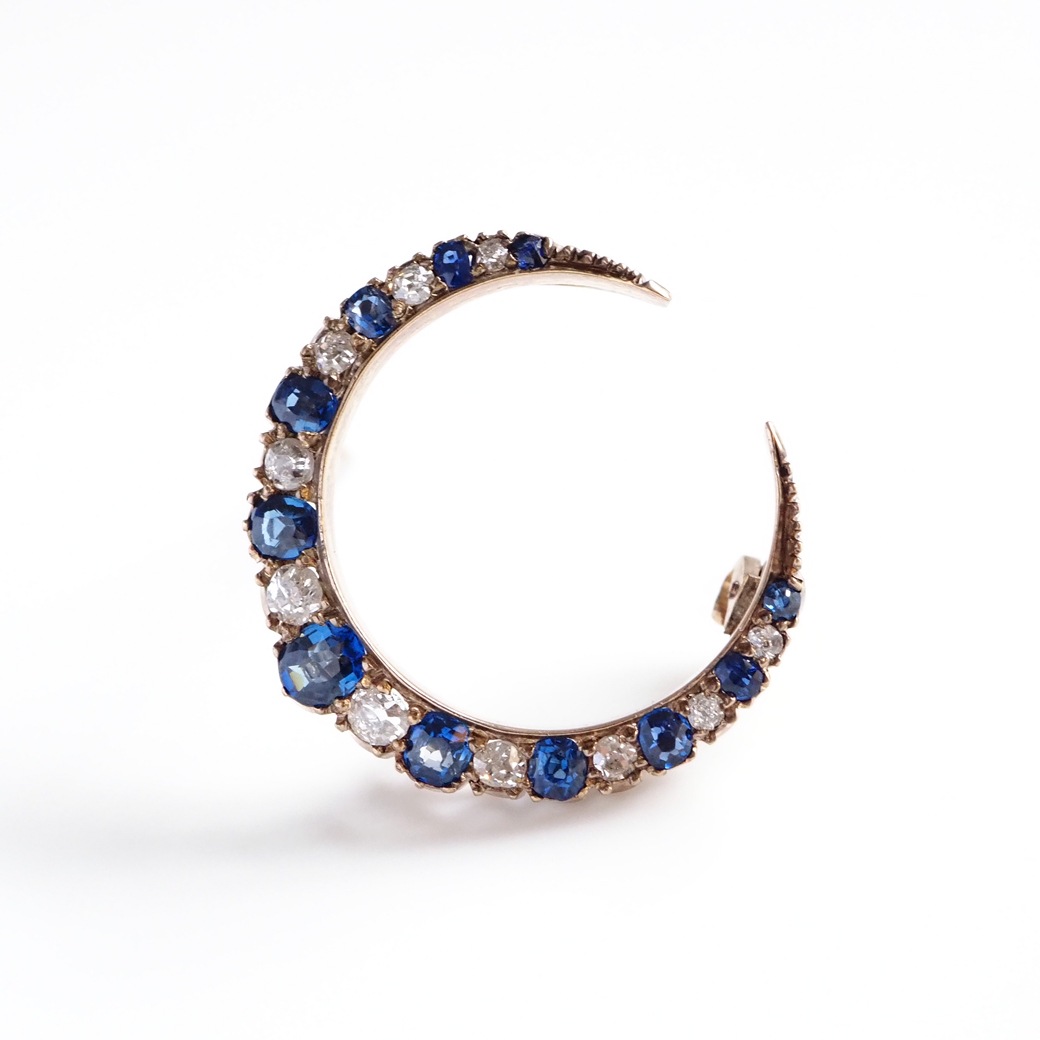 アンティークジュエリー ブローチ サファイア ダイヤモンド クレセント アンティークブローチ