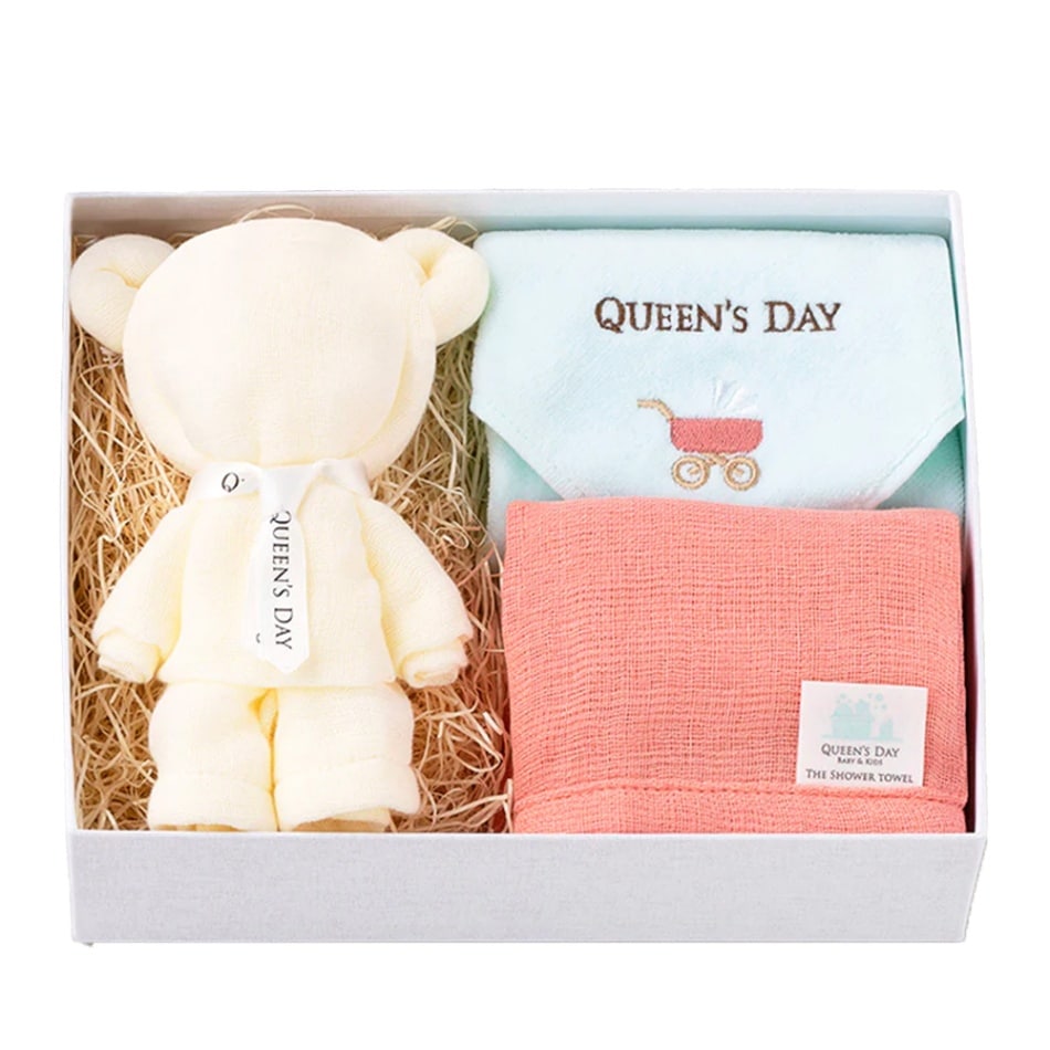 QUEEN'S DAY　BABY＆KIDS | 沐浴ガーゼタオル2枚(内ベア1体※ミモザ)+ハンドタオルセット BASIC BOX(M)