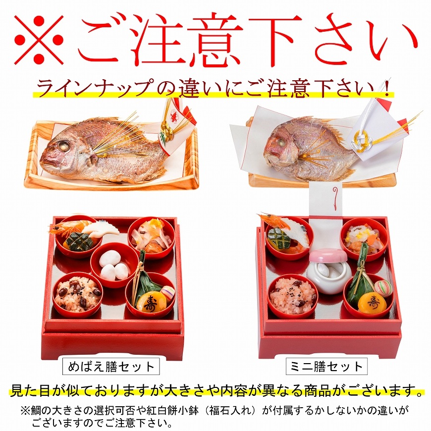 通信販売）お食い初め料理セット【新商品】めばえ膳／めばえぜん│使い捨て容器付き｜鯛のサイズ変更可能｜★北海道・沖縄を除く送料無料★