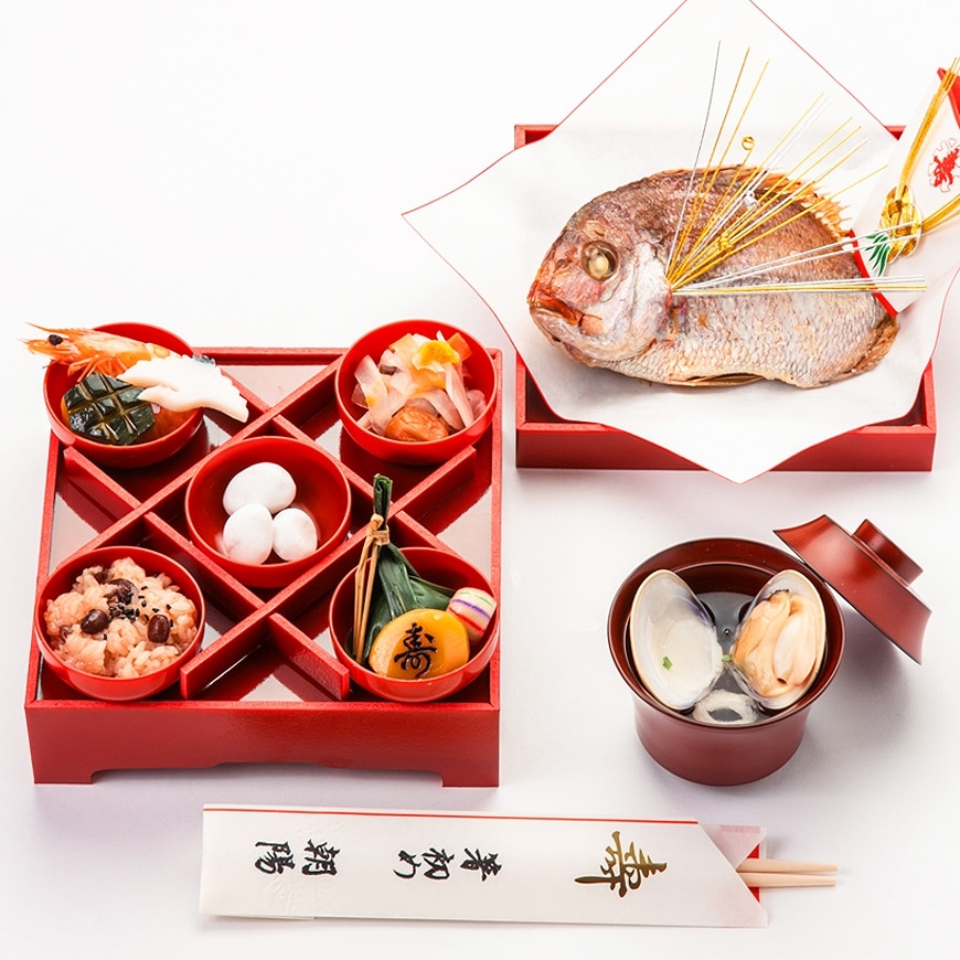 通信販売）お食い初め料理セット【新商品】めばえ膳／めばえぜん│使い捨て容器付き｜鯛のサイズ変更可能｜★北海道・沖縄を除く送料無料★