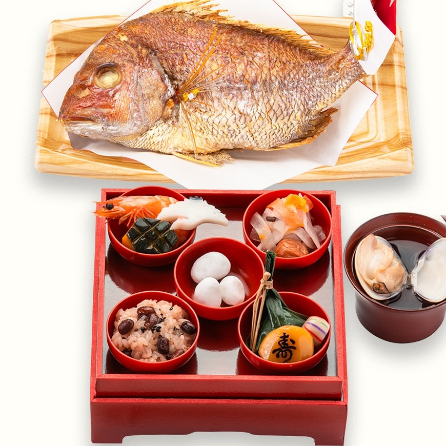 通信販売）お食い初め料理セット【新商品】めばえ膳／めばえぜん│使い捨て容器付き｜鯛のサイズ変更可能｜★北海道・沖縄を除く送料無料★
